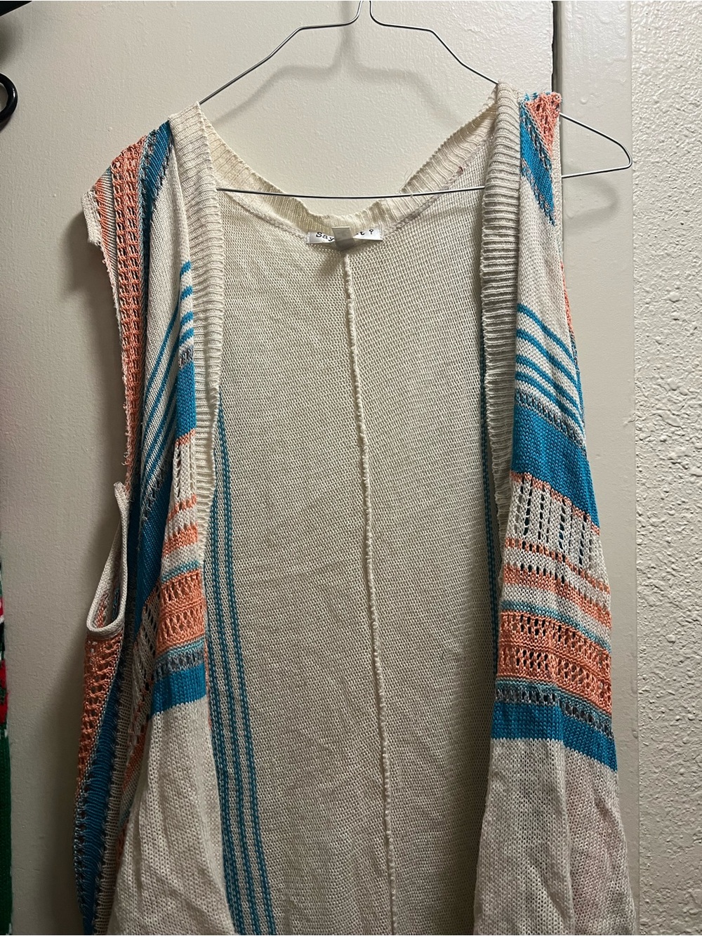 Say What? Cream Open-Knit Sleeveless Vest with Blue and Coral Stripes
